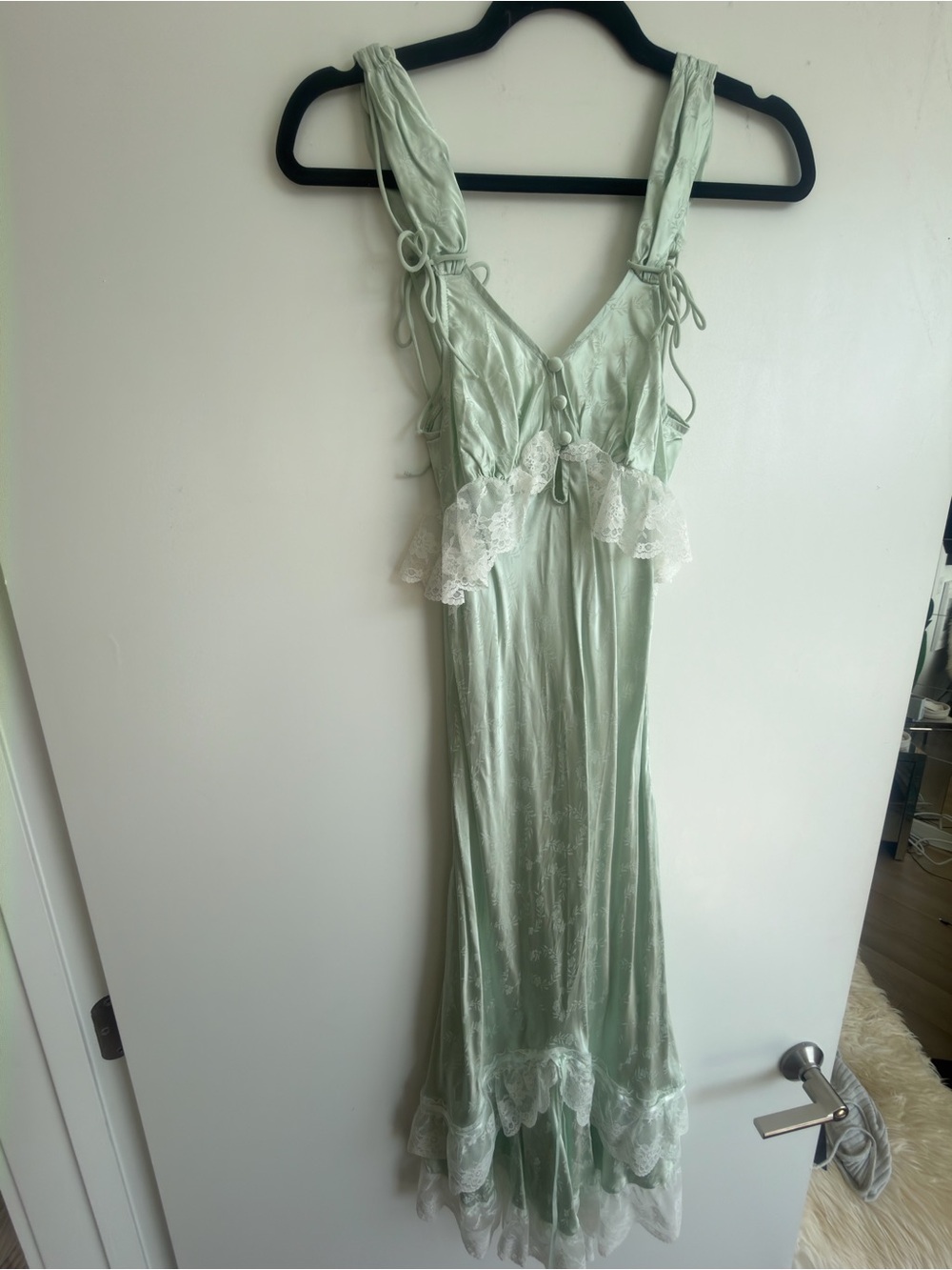 (NWOT) For Love & Lemons Pale Mint Lace-Trim Satin Midi Dress - Picture 6 of 8